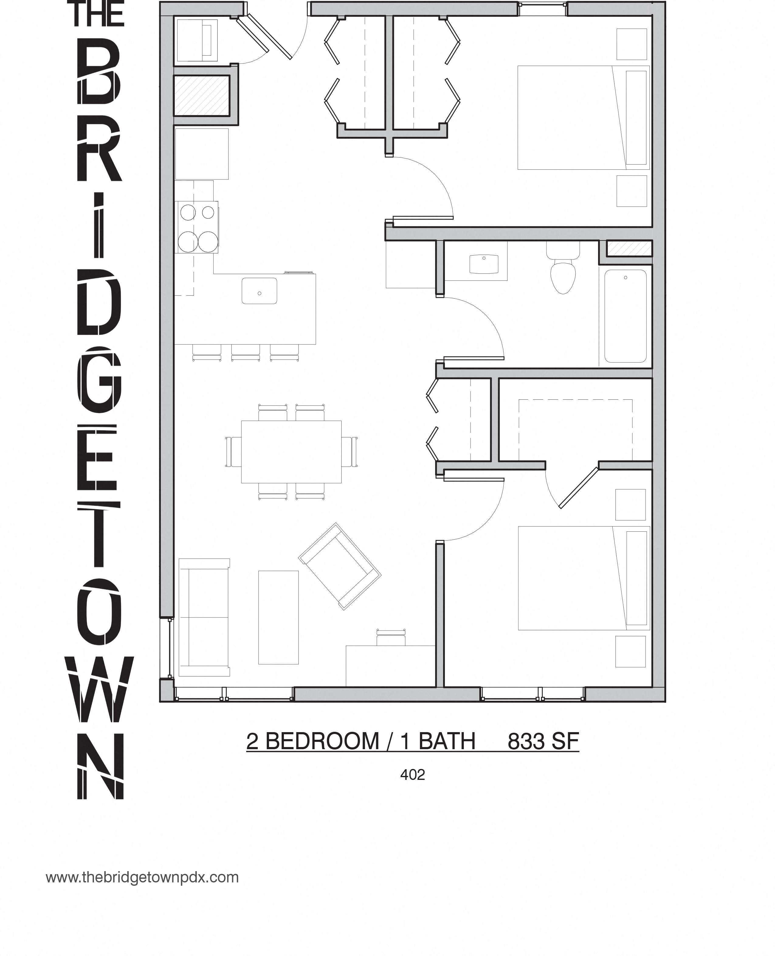 Floor plan for 2 beds, 1 bath, 833 sqft